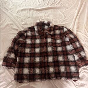 No Boundaries Checkered Teddy Jacket in Brown and White